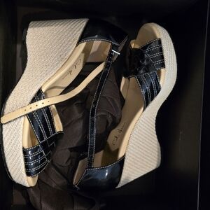 Cole Haan Collection Patent Black and Cream Wedge Sandals
